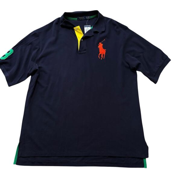 Polo Ralph Lauren Big Pony Polo Shirt XLT Navy Orange Yellow Placket Green 3 NEW - Picture 3 of 7